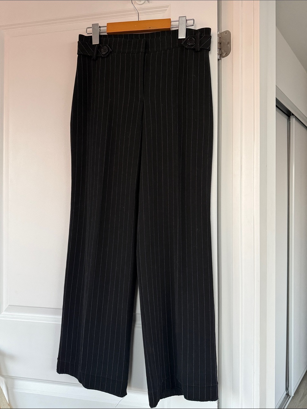 Mid-Rise Black Pinstripe Wide-Leg Pants